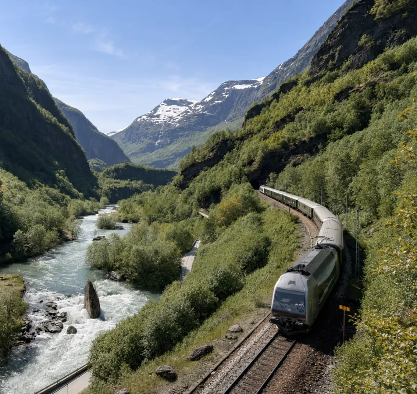 Flåmsbana slingert langs een wilde rivier door het dal