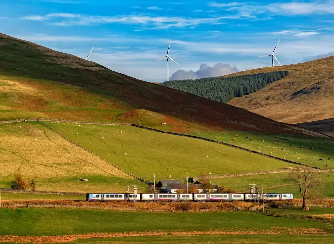 Trein tussen glooiende heuvels met windmolens