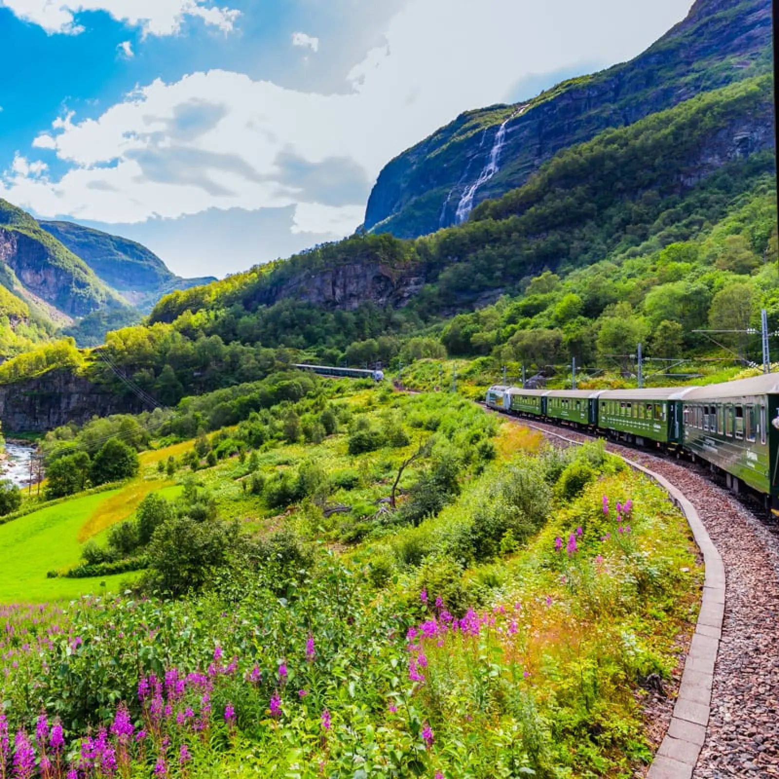 De Flåmsbana door een groen dal tussen steile bergwanden